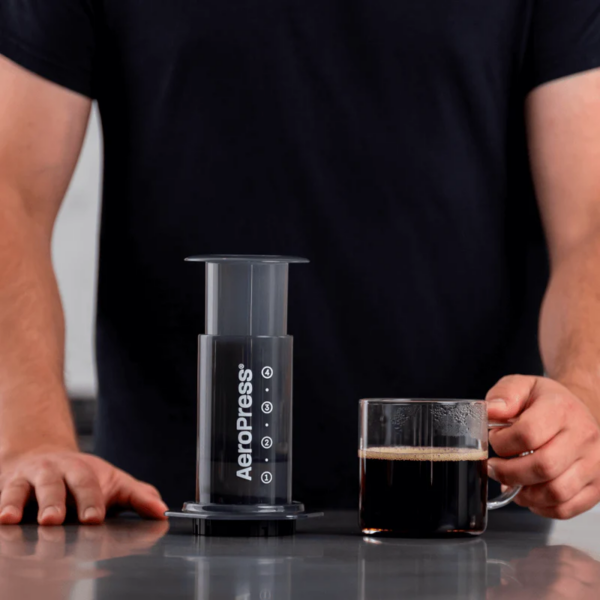 AeroPress Original Coffee Maker with a cup of coffee.